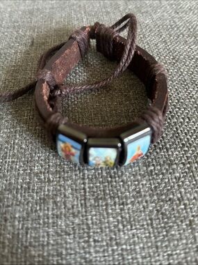 Brown Leather Beaded Adjustable Bracelet with Religious Tile Accents